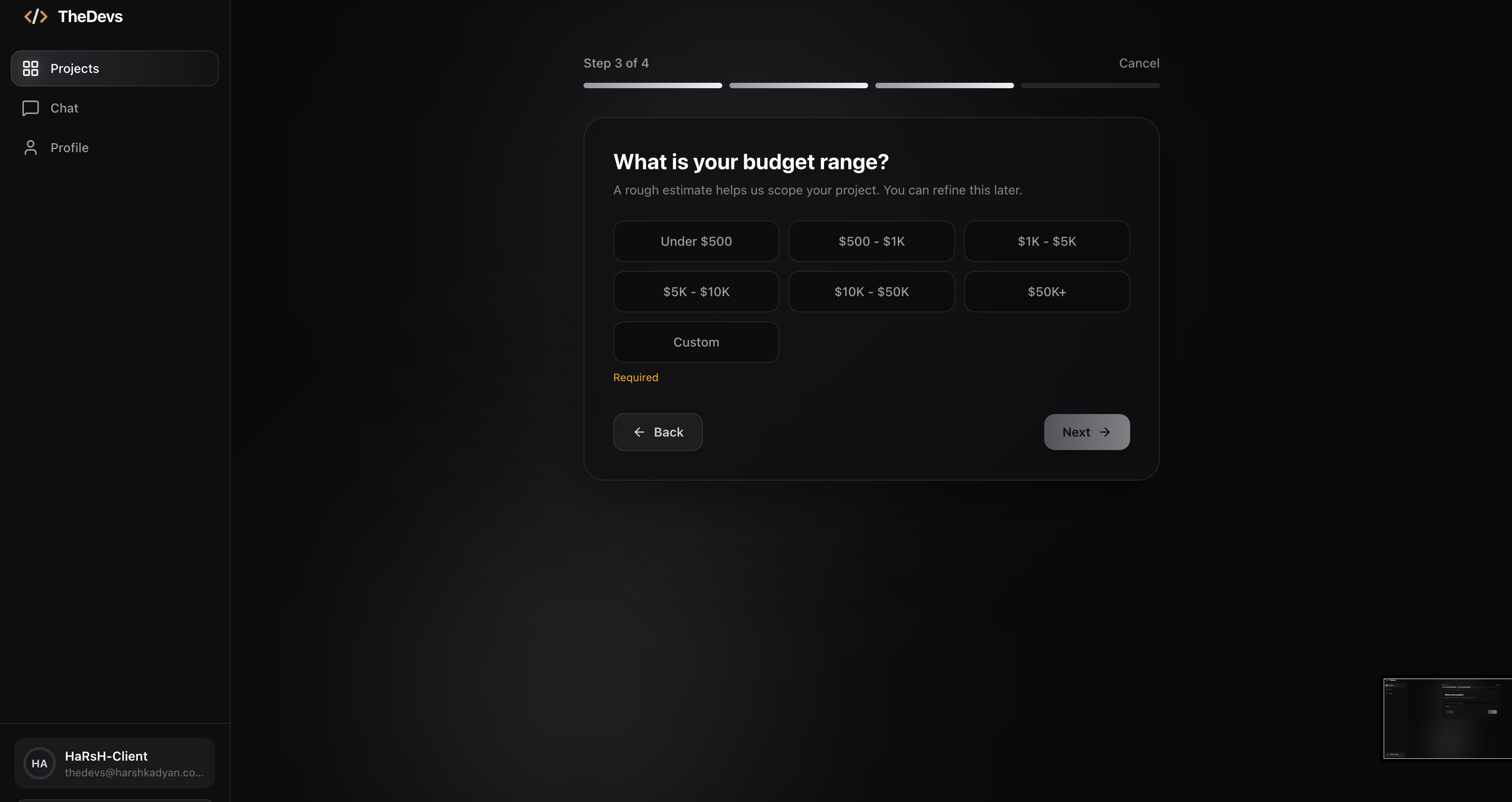 Setting a project budget on TheDevs where clients pick a price range for their custom software work