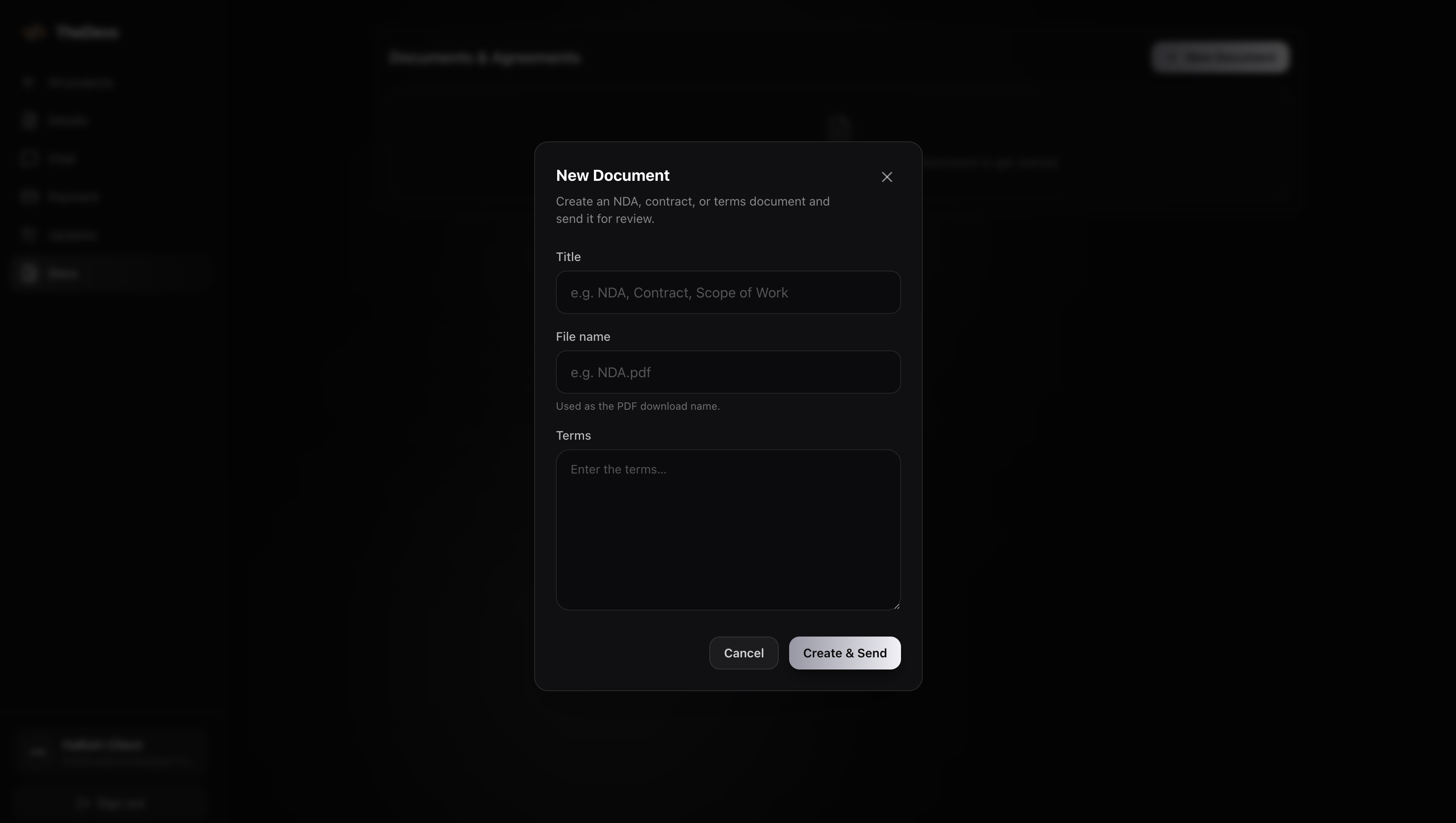Create project documents on TheDevs where scope, terms and agreements for the software work are written