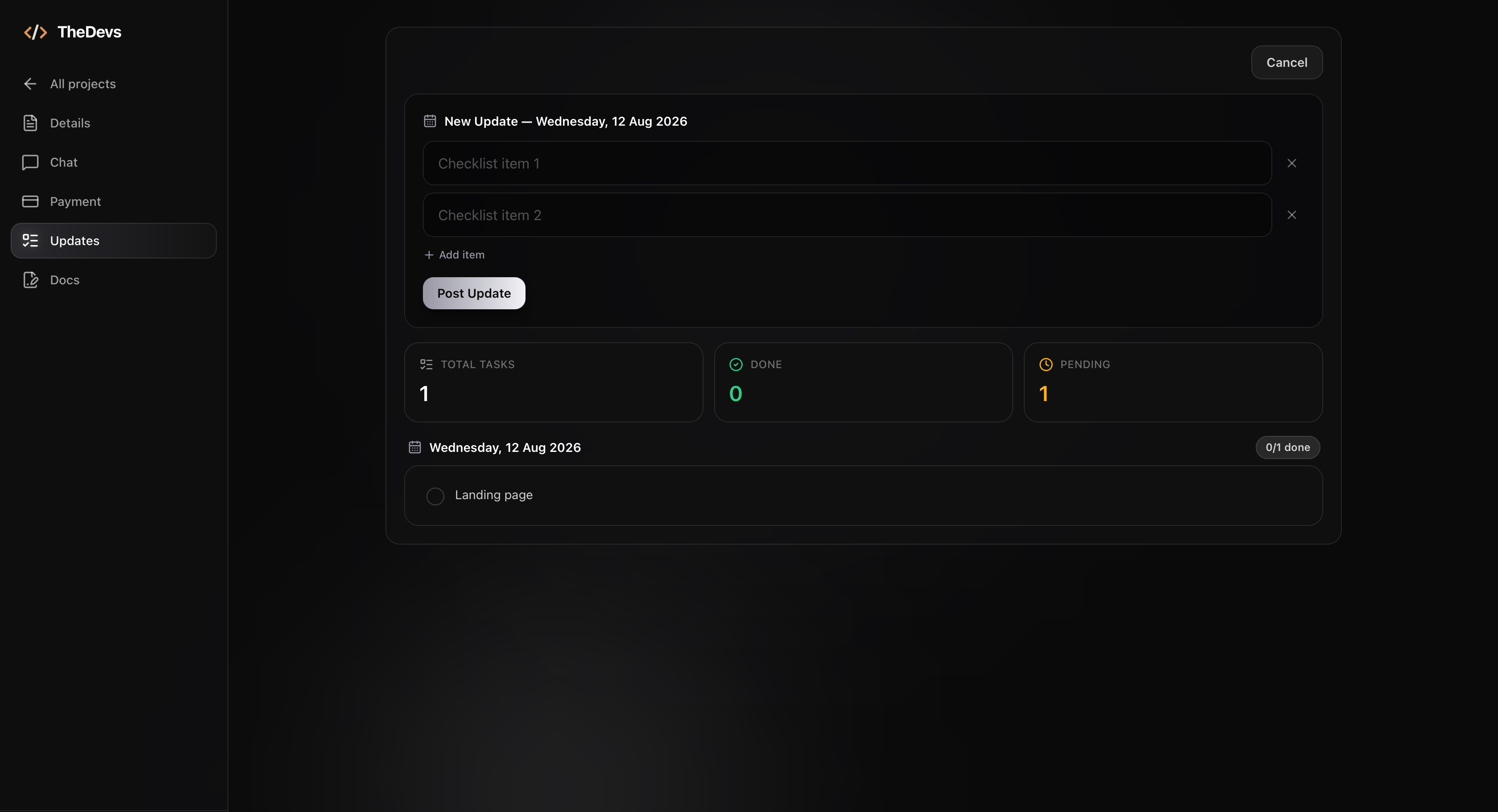 Daily work updates on TheDevs showing the progress, tasks completed and next steps for a software project