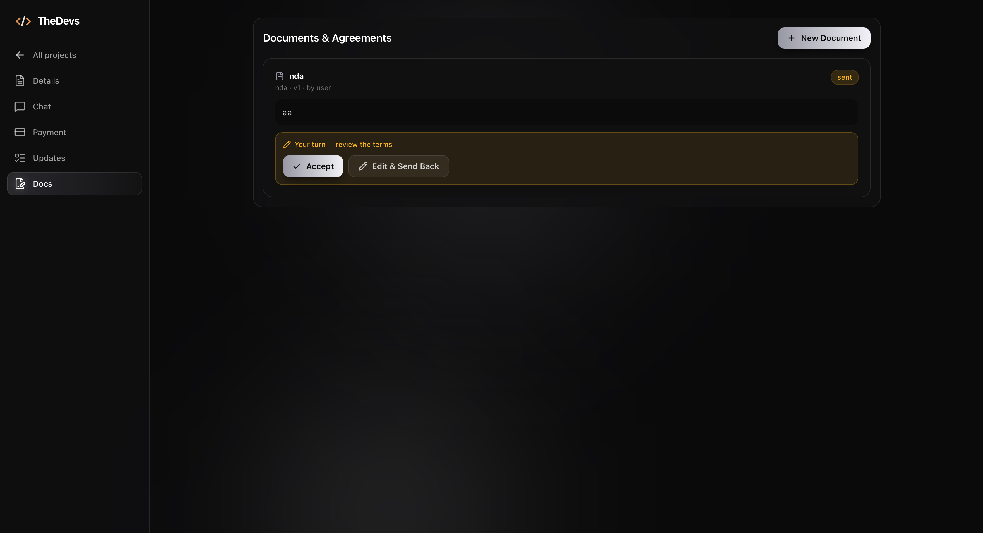 Document accepted confirmation on TheDevs after a client accepts a project agreement