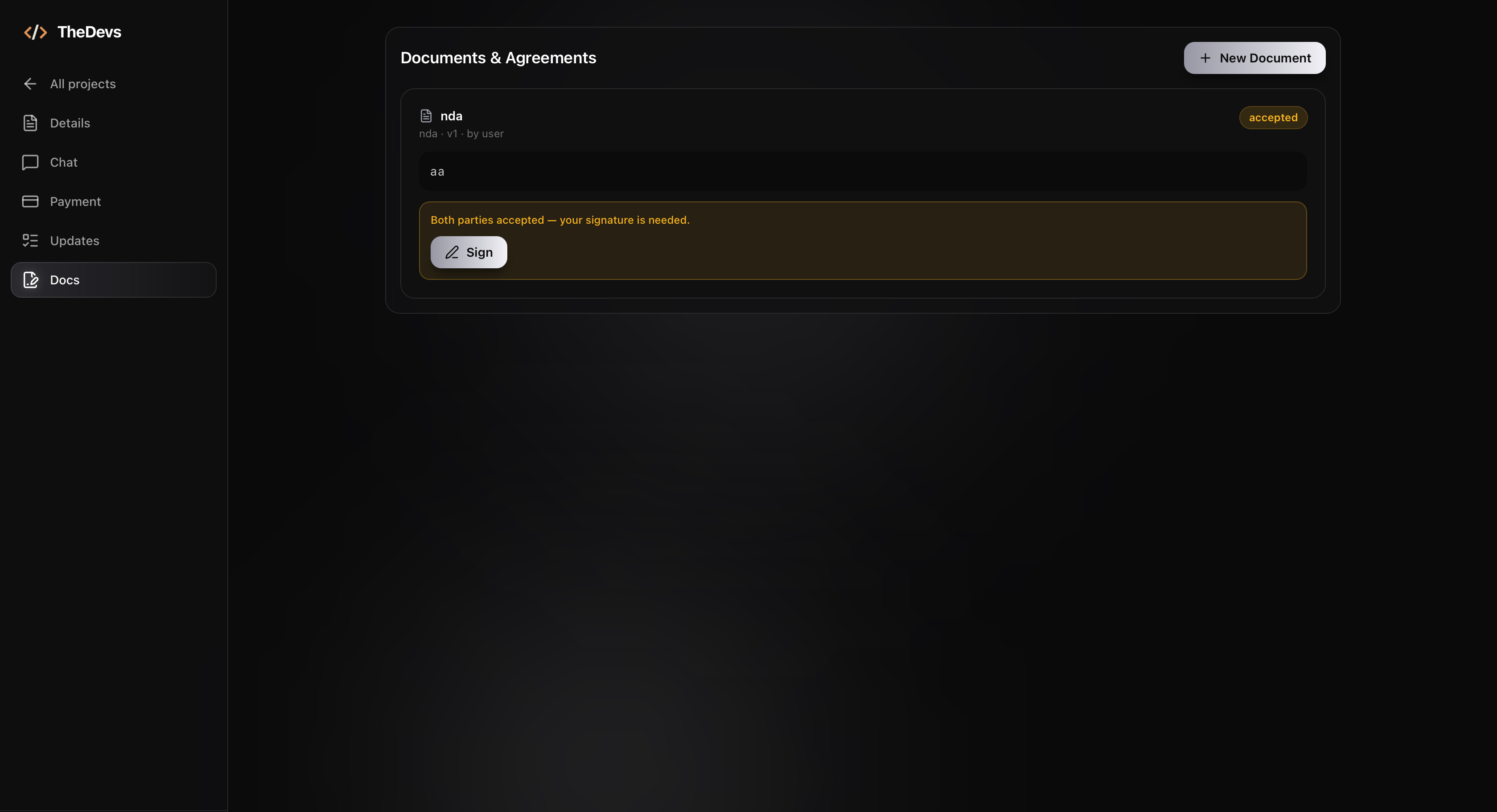 Document signing screen on TheDevs showing the agreement to be signed for a software project