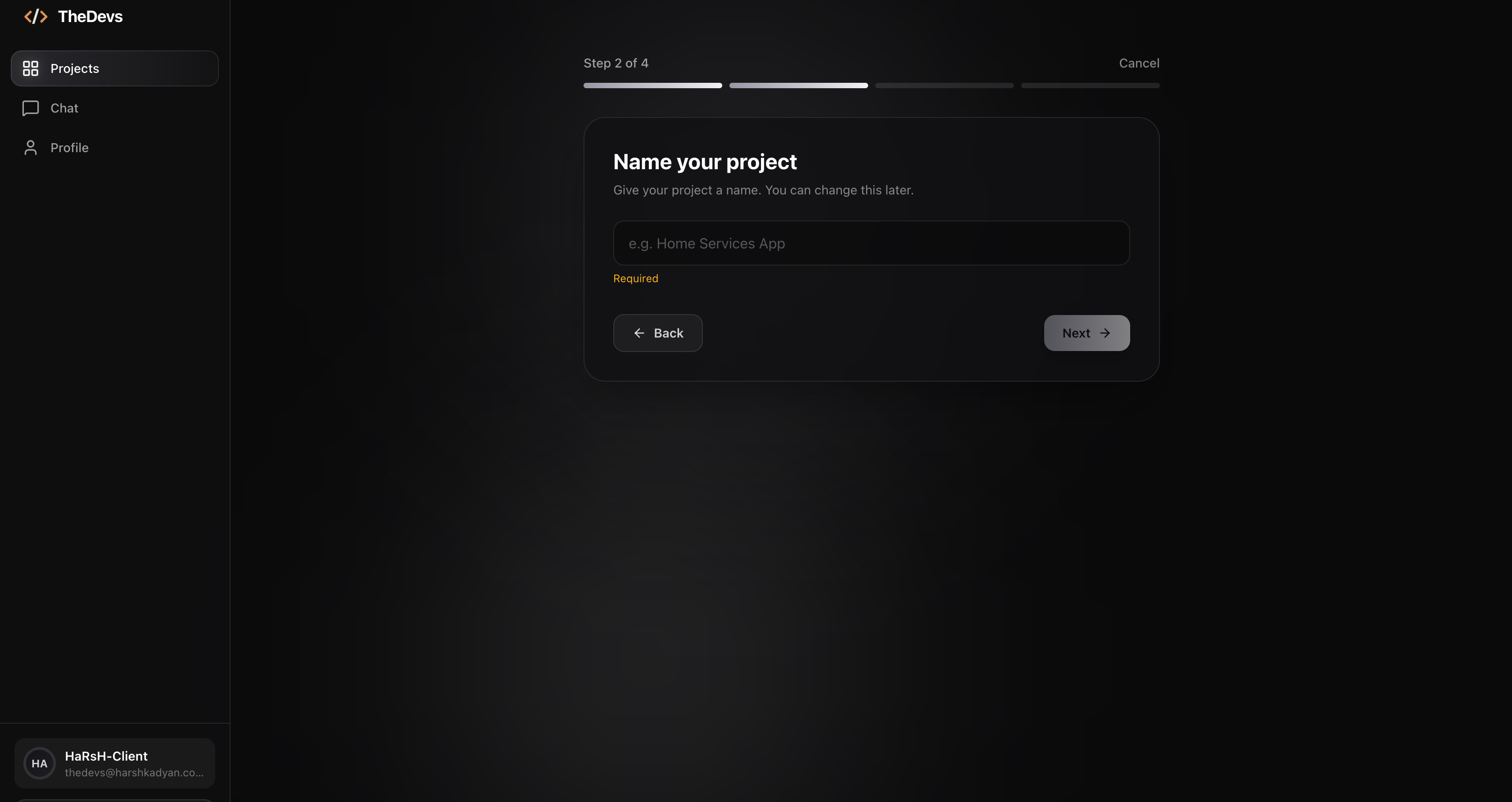 Naming a new project form on TheDevs dashboard where clients describe the software work they need built