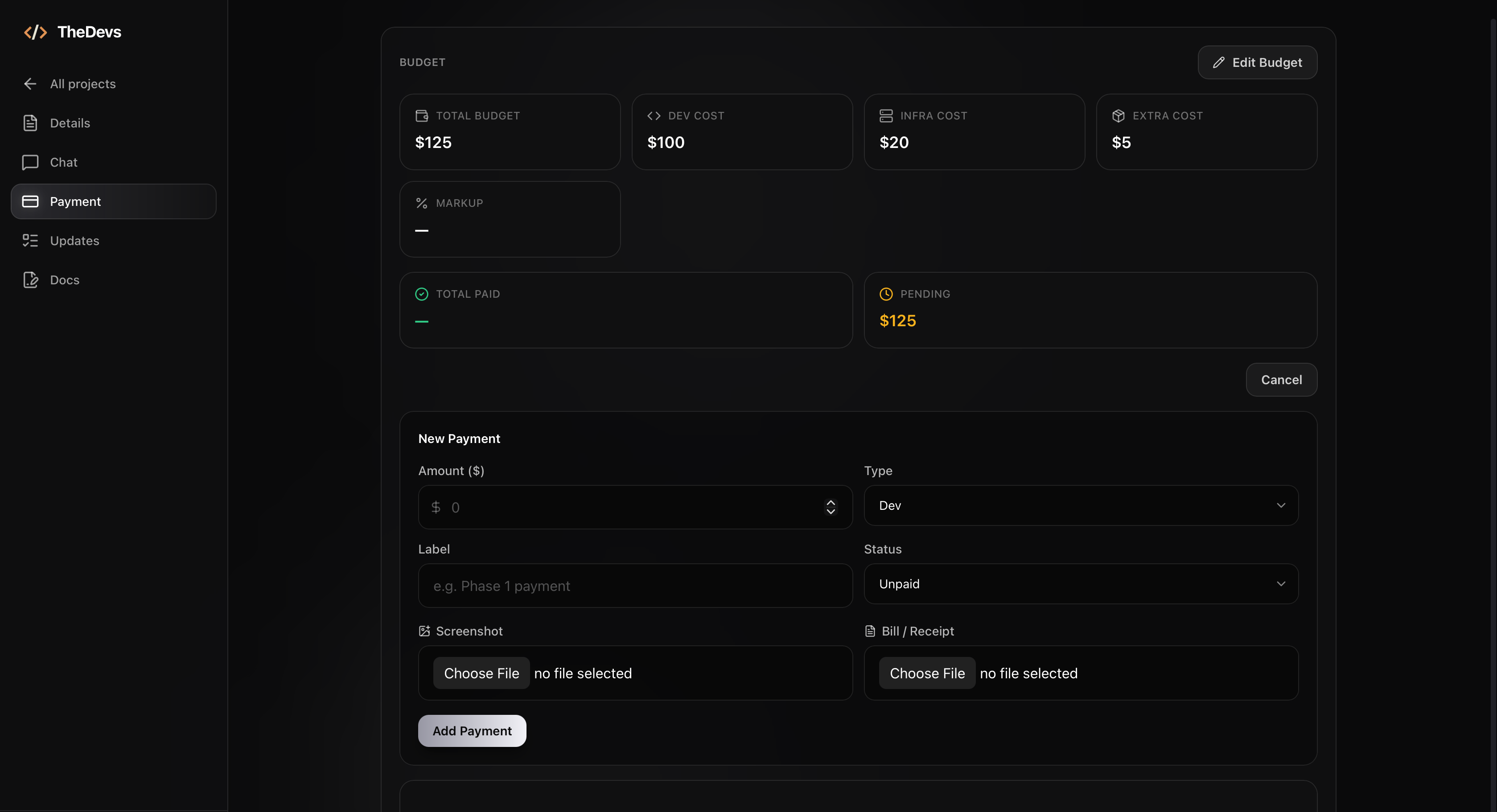 Add a payment method on TheDevs where clients add a card or payment details for their software project