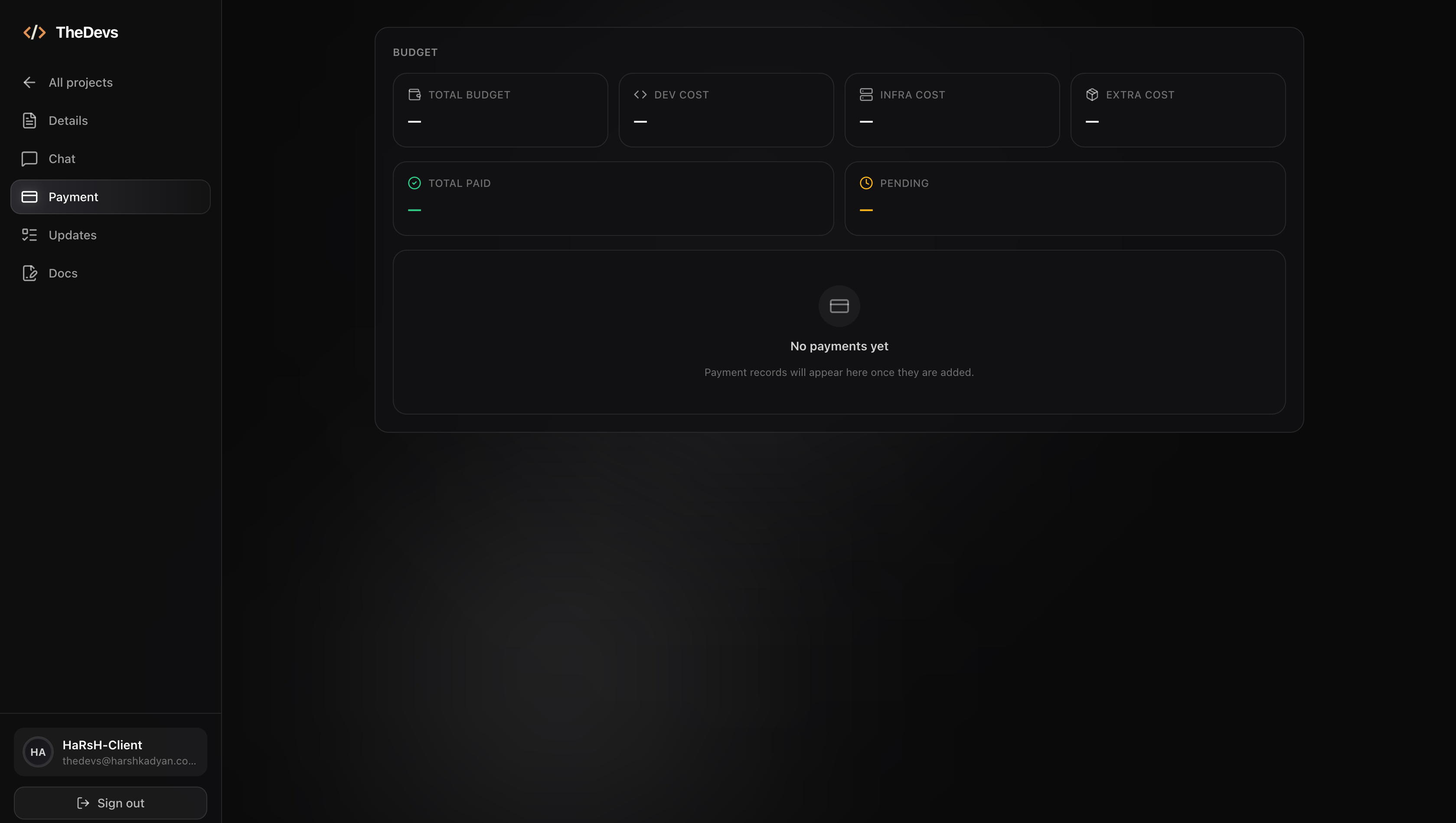 Payment section on TheDevs dashboard showing invoices, balances and transactions for a software project