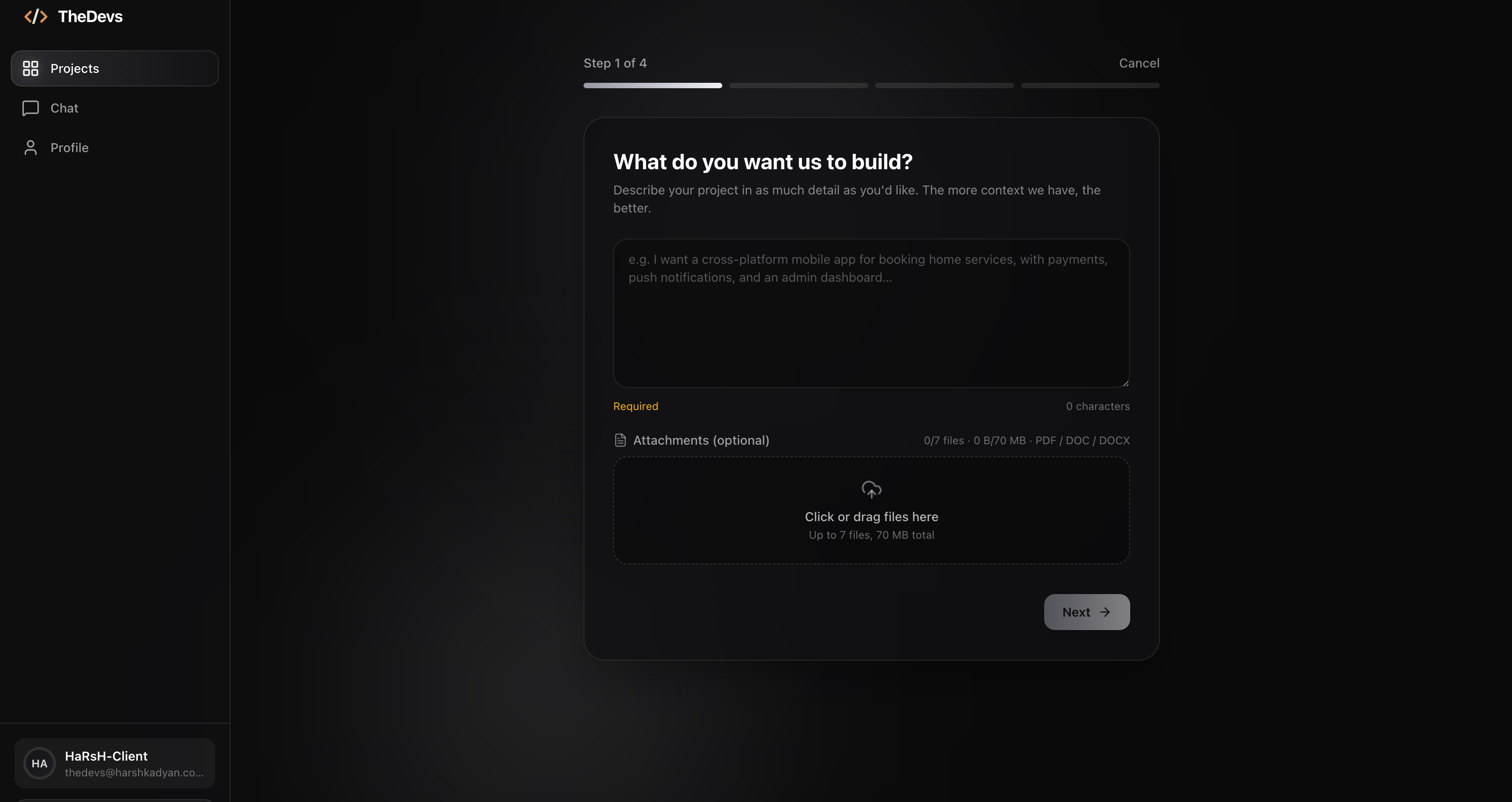 Project build progress view on TheDevs dashboard showing milestones, chat and deliverables for a software project