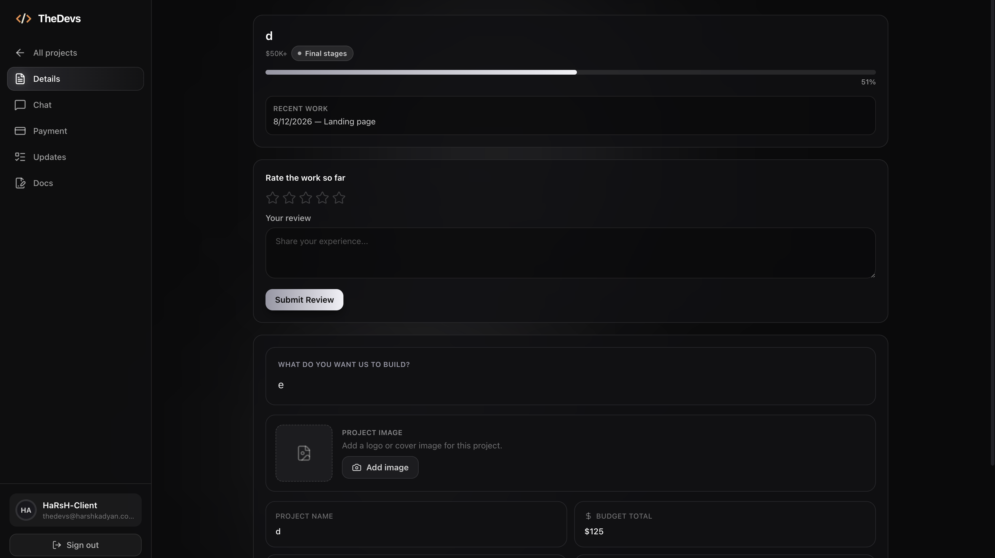 Project info and rating screen on TheDevs showing project details and the client star rating after delivery