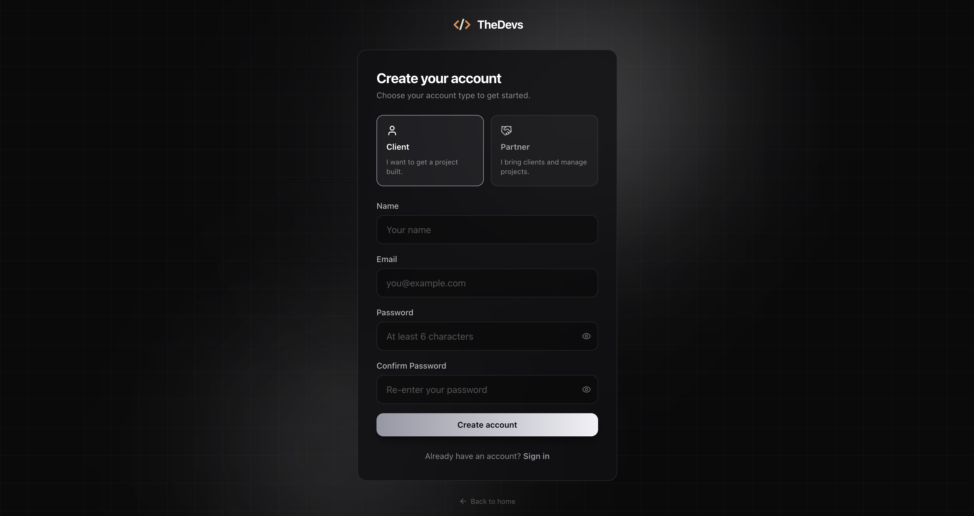 Create a free TheDevs account signup page where clients sign up to post tech work they want built